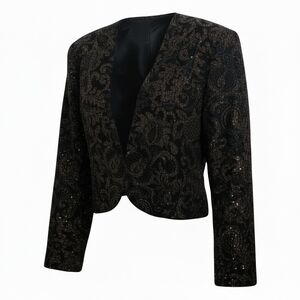 R&K shimmering gold paisley black velvet cropped evening blazer size large